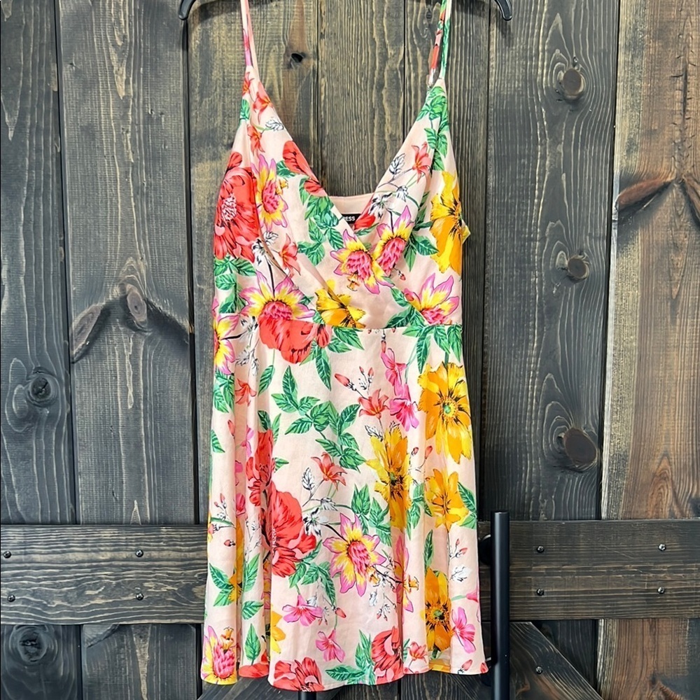 NWT Express Floral Slip‎ Dress L Satin Y2K Babydoll Mini Boho Chic Pink